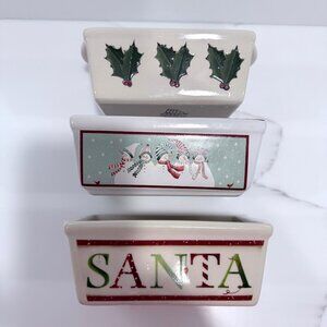Nantucket Set of 3 Ceramic Mini Bread Loaf Pans SANTA Snowmen Holly Holiday 5x3"